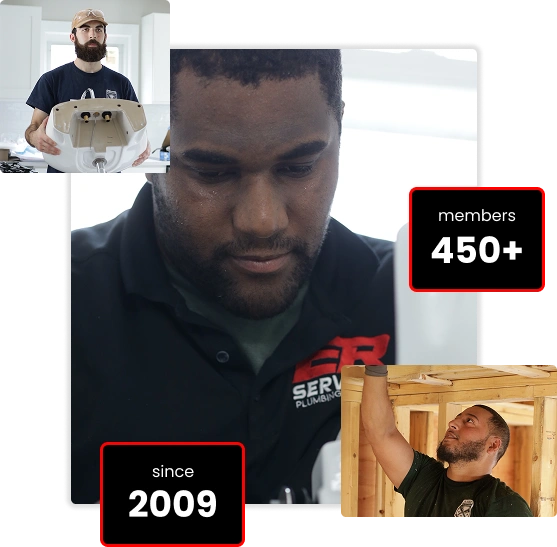 Collage of plumbers at work, with text stating "members 450+" and "since 2009.